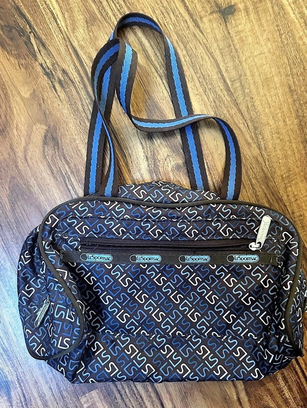 Vintage LeSportsac Chocolate Brown Blue LS Monogram Logo Nylon cosmetic bag